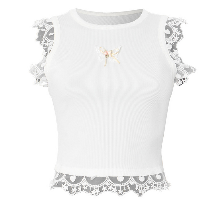 Serene Butterfly Crop Top front view with lace trim and butterfly detail