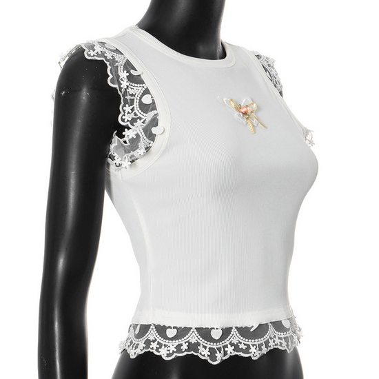 Angled view of Serene Butterfly Crop Top, showing fit and lace shoulder detail