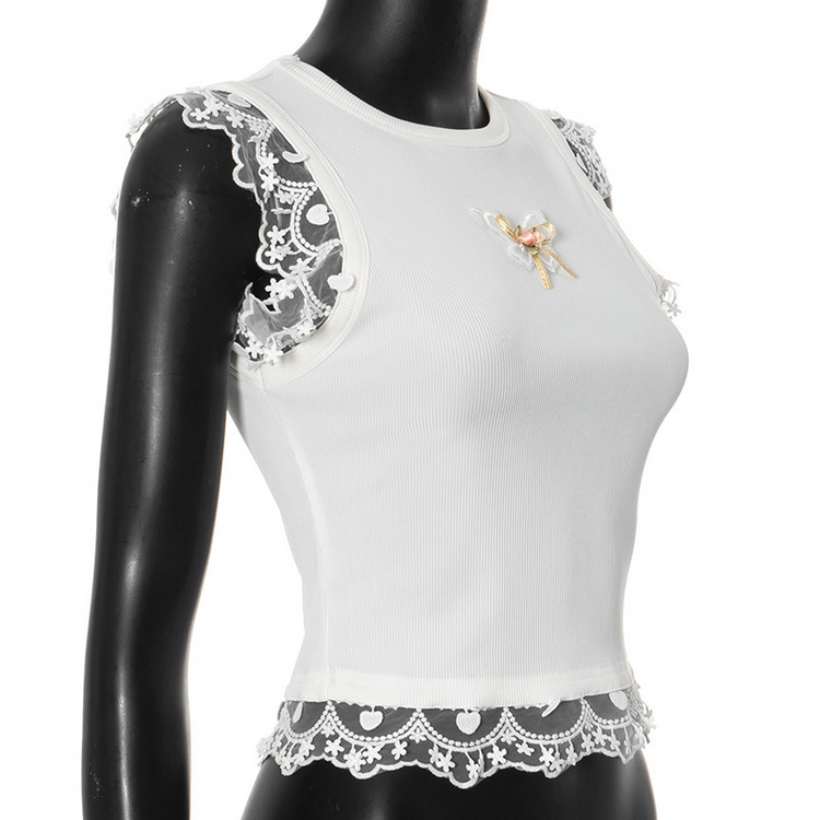 Angled view of Serene Butterfly Crop Top, showing fit and lace shoulder detail