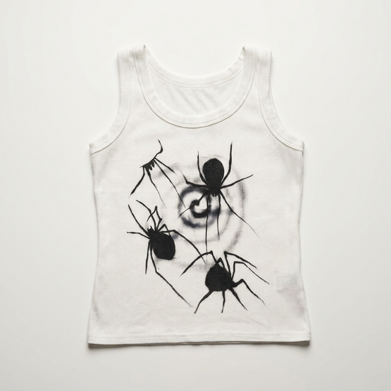 Flat lay of the Spider Vortex Tank Top showcasing the bold spider and vortex graphic and sleeveless design.