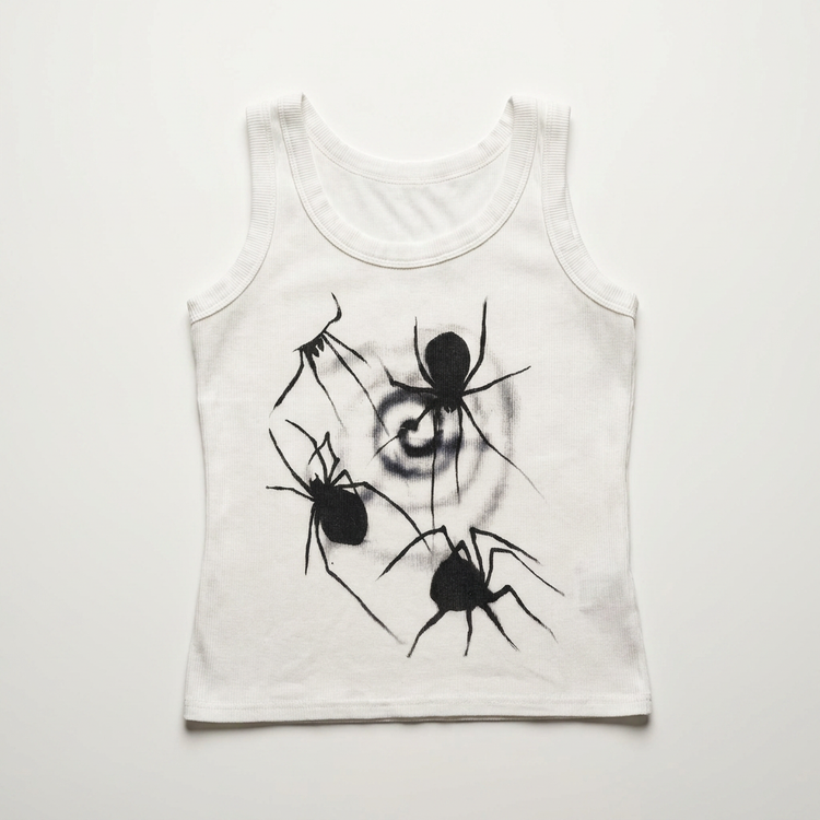Flat lay of the Spider Vortex Tank Top showcasing the bold spider and vortex graphic and sleeveless design.
