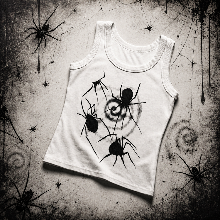 Flat lay of the Spider Vortex Tank Top featuring a bold black spider and swirling vortex graphic on a white sleeveless tank against a spider web-themed background.