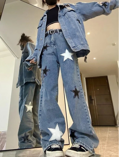 Model wearing the blue colorway of Stargaze Street Jeans, full-length wide-leg fit.