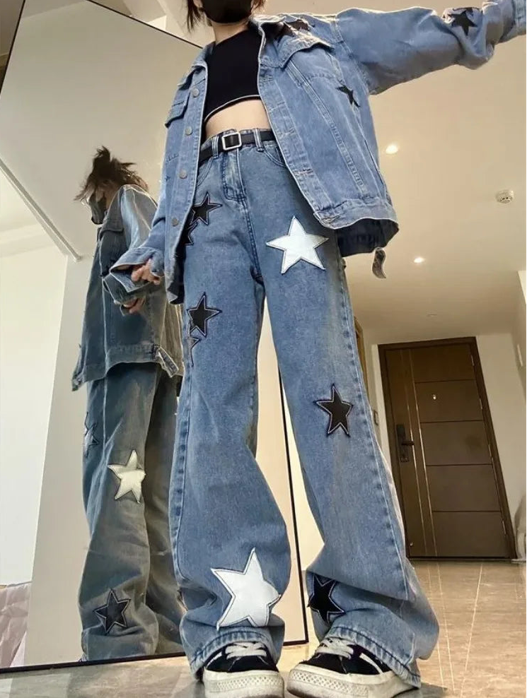 Model wearing the blue colorway of Stargaze Street Jeans, full-length wide-leg fit.