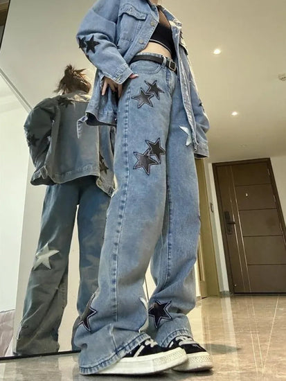 Side view of Stargaze Street Jeans in blue showing high-rise waist.