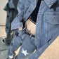 Downwards view of Stargaze Street Jeans in blue showing high-rise waist and full-length fit.