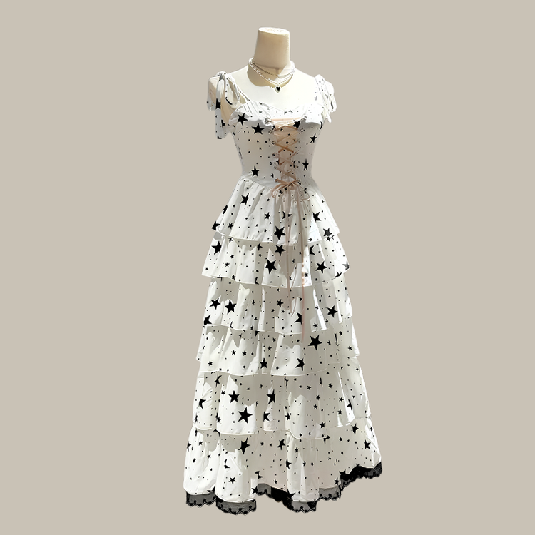 Starry-Eyed Fantasy Dress featuring ribbon-tie straps and a star print