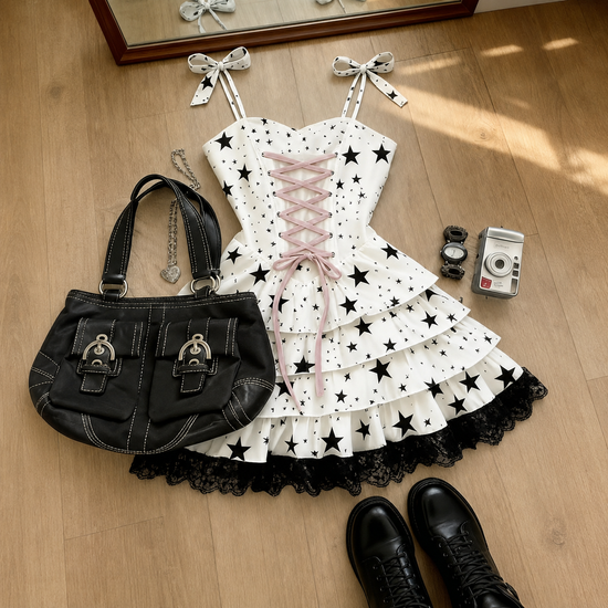 Detailed view of the Starry-Eyed Fantasy Dress structured white fabric featuring scattered black stars and delicate black trim