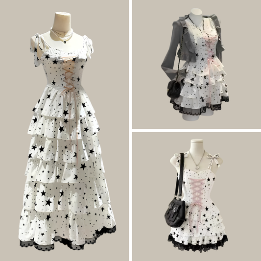Starry-Eyed Fantasy Dress shown in mini, maxi, and mini dress and cardigan style options