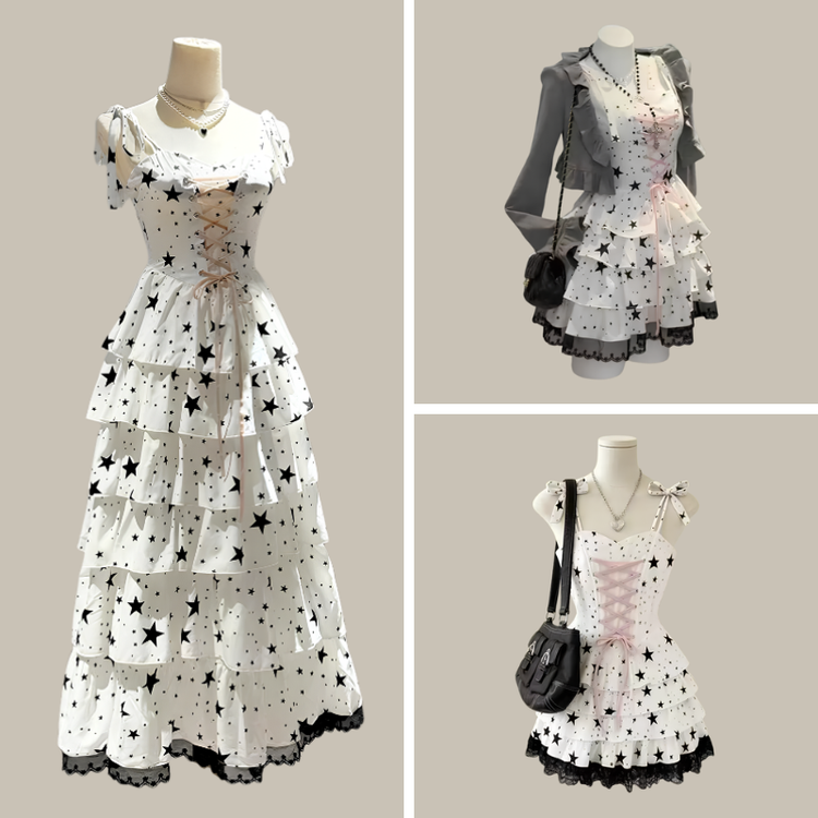 Starry-Eyed Fantasy Dress shown in mini, maxi, and mini dress and cardigan style options