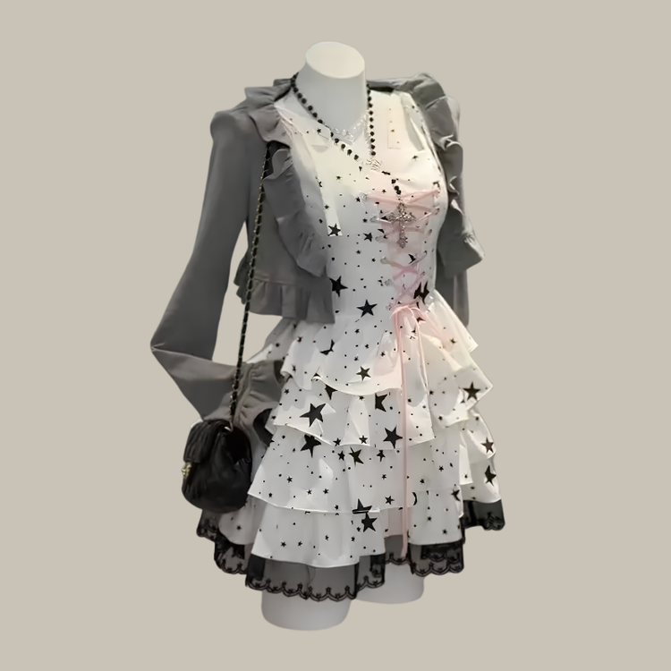 Starry-Eyed Fantasy Dress two-piece set with mini dress and cropped cardigan