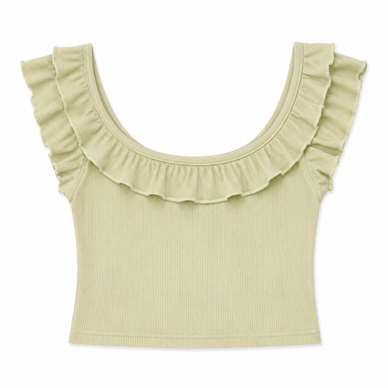 Back flat lay of the Sweet Clover Ruffle Top showing the light green ribbed fabric and ruffle-trimmed scoop neckline.