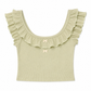 Front flat lay of the Sweet Clover Ruffle Top showing its light green ribbed fabric, ruffled neckline, cap sleeves, and bow details.