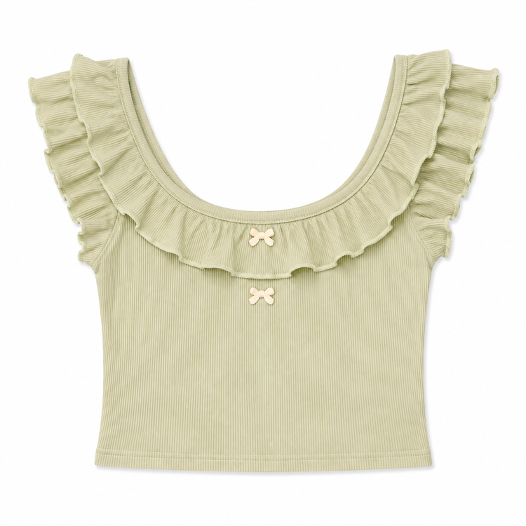 Front flat lay of the Sweet Clover Ruffle Top showing its light green ribbed fabric, ruffled neckline, cap sleeves, and bow details.