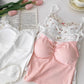 Sweet Flower Crop Tops in floral and heart designs laid out with tulips and a teacup for a soft cottagecore aesthetic.