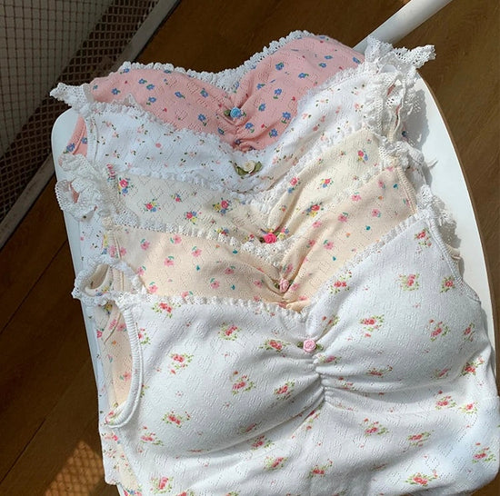 Sweet Flower Crop Tops in various floral and heart prints, displayed in natural sunlight