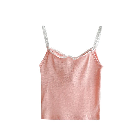 Back view of pink Sweet Flower Crop Top laid flat, showing lace-trimmed straps and soft heart pattern fabric.