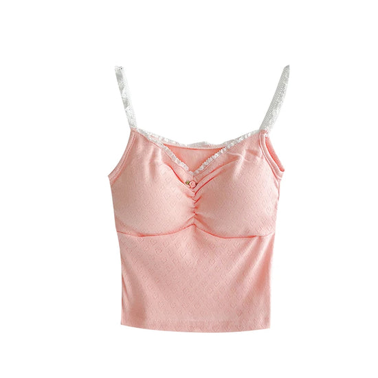 Front view of pink Sweet Flower Crop Top laid flat, highlighting ruched bust and built-in bra shape.