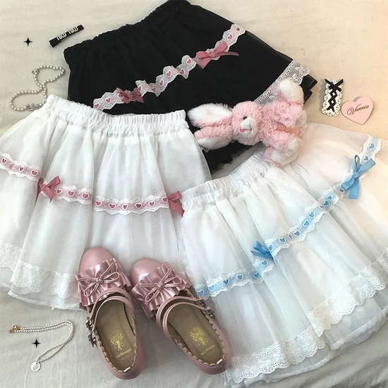 Sweet Love Lace Bow Skort displayed in multiple color combinations with coordinating shoes and accessories.
