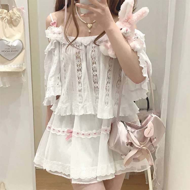 Full outfit featuring the white and pink Sweet Love Lace Bow Skort styled with a flowy blouse.