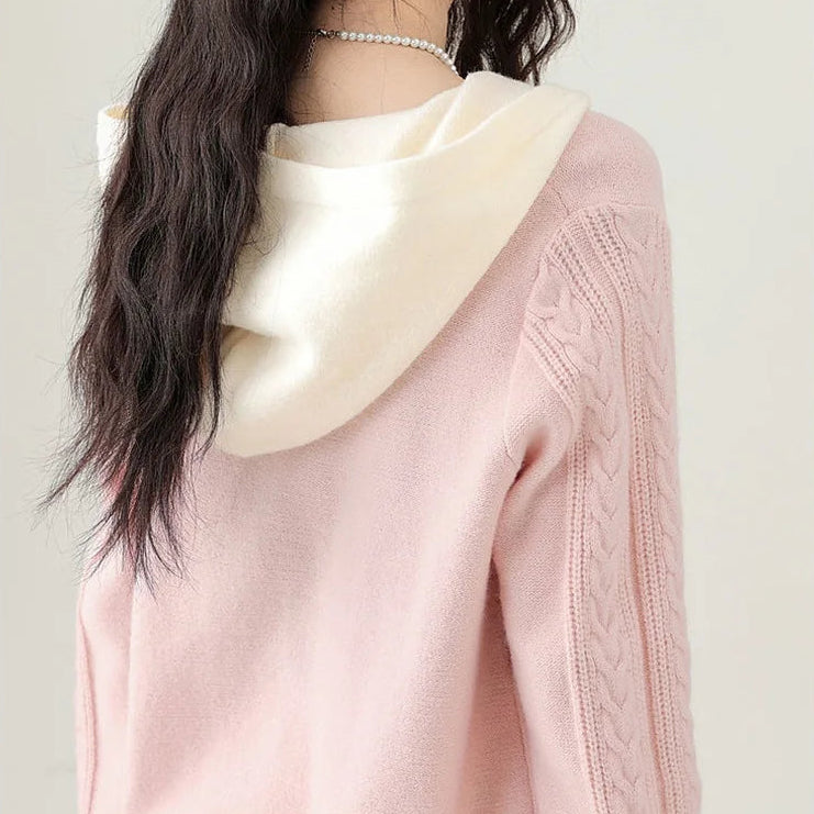 Back view of the Sweetheart Cable Knit Cardigan highlighting the cream knit hood and cable knit texture.