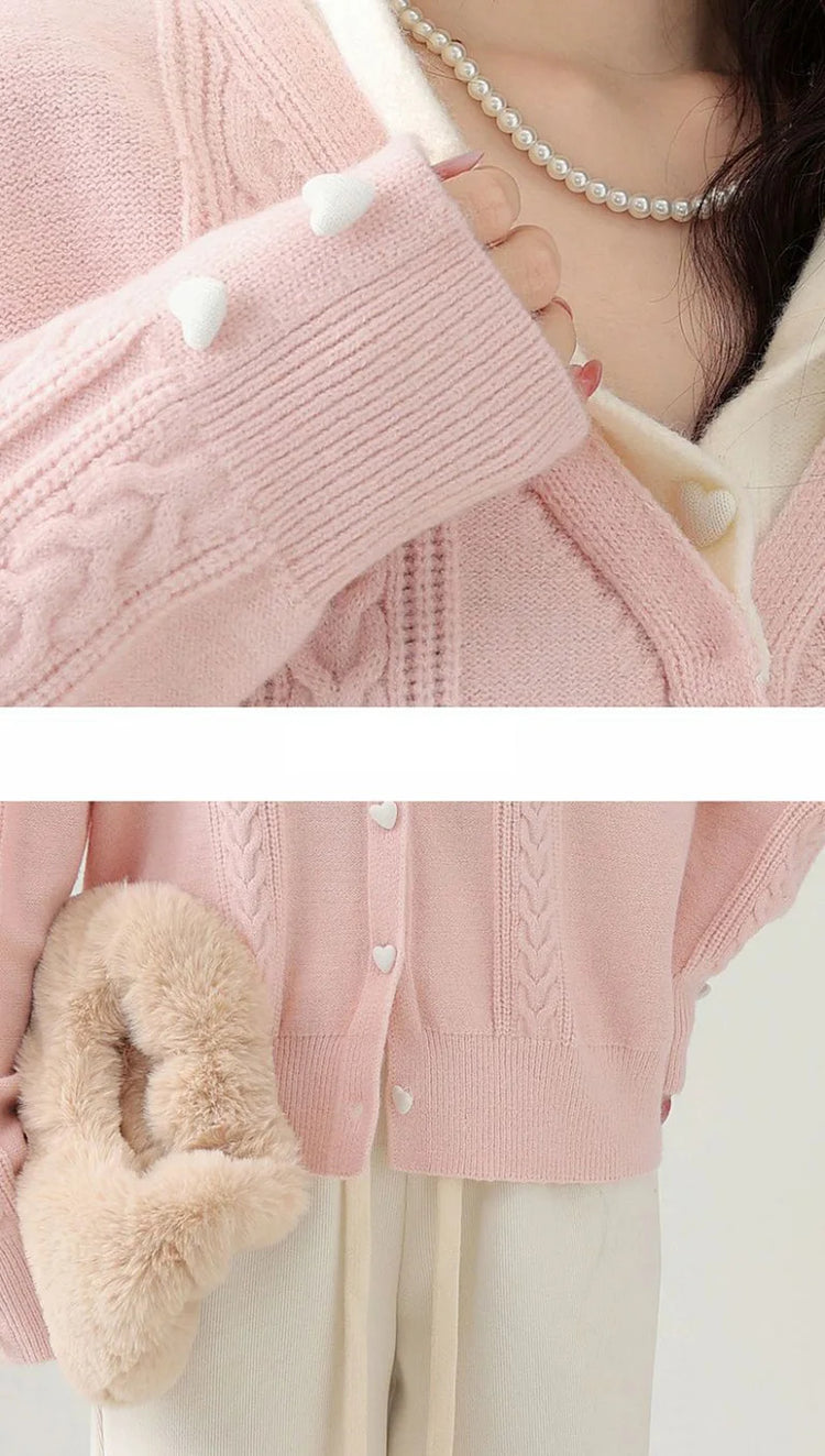 Close-up detail of the Sweetheart Cable Knit Cardigan's texture, soft fabric, and heart buttons