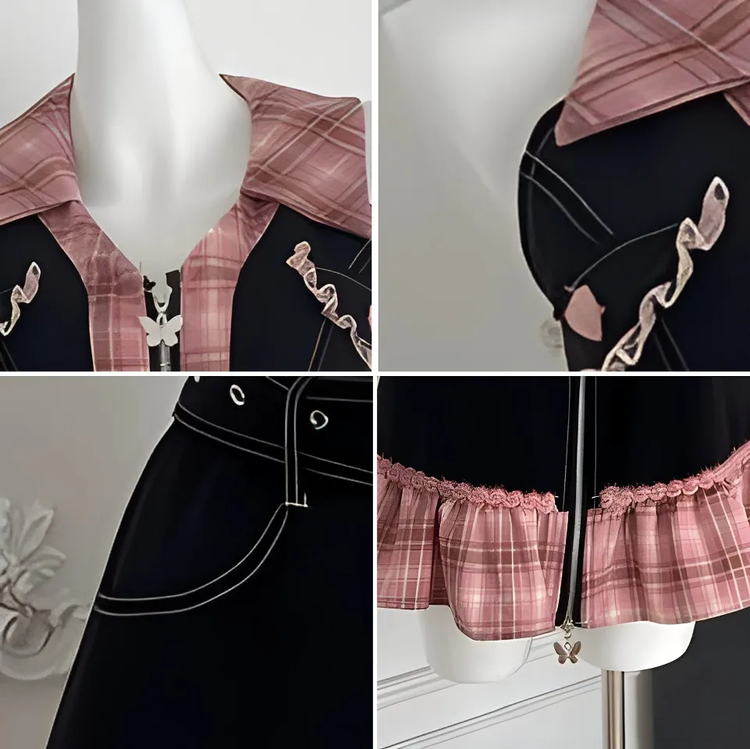 Detail collage of the Sweetheart Stitch Denim Dress showing the plaid collar, ruffled pockets, single zipper, contrast stitching, and hem.