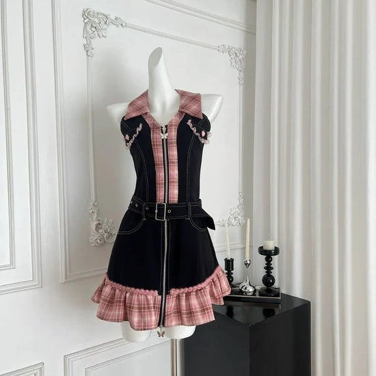 Black and pink plaid Sweetheart Stitch Denim Dress displayed on a mannequin in a white room.