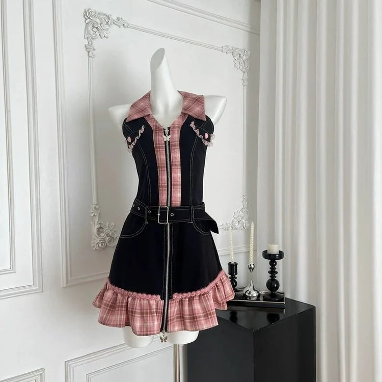 Black and pink plaid Sweetheart Stitch Denim Dress displayed on a mannequin in a white room.