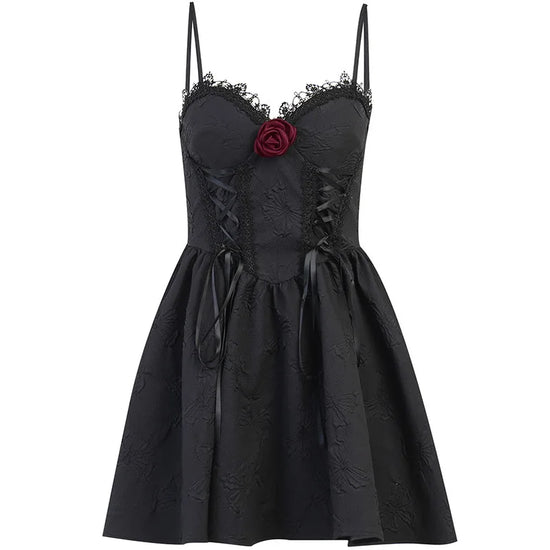Front flat lay of the Thorned Rose Corset Dress with rose appliqué and corset-style bodice.