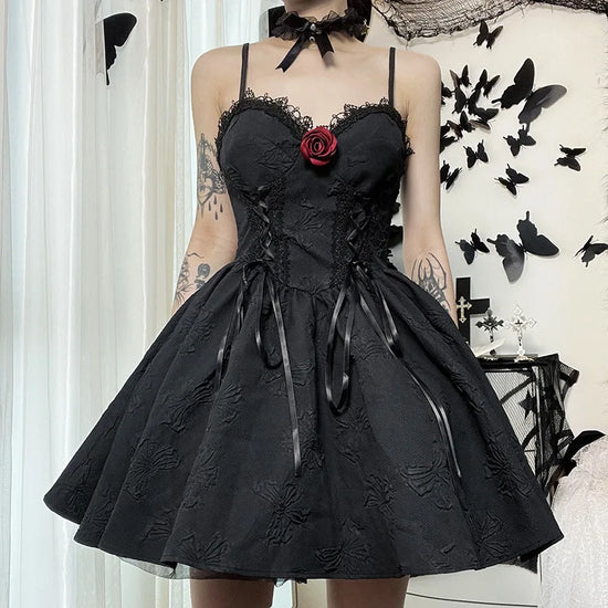 Front view of the Thorned Rose Corset Dress with rose appliqué and corset-style bodice.