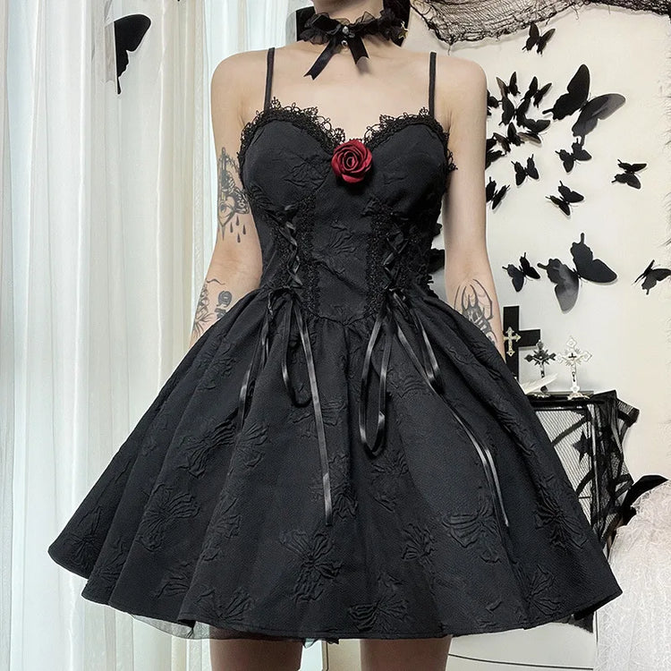 Front view of the Thorned Rose Corset Dress with rose appliqué and corset-style bodice.