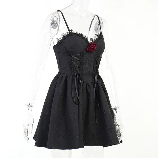 Side angle of the Thorned Rose Corset Dress on a mannequin, showing the flared mini skirt.