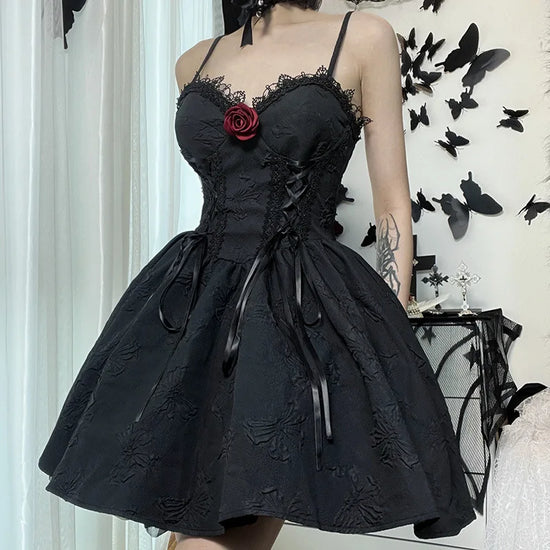 Side angle of the Thorned Rose Corset Dress showing the flared mini skirt.