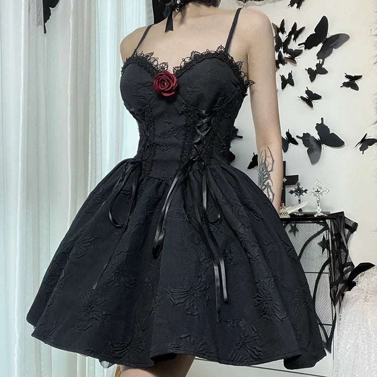 Side angle of the Thorned Rose Corset Dress showing the flared mini skirt.