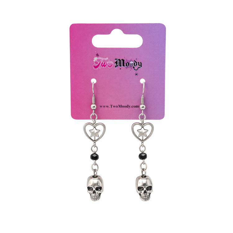 Til Death Do We Sparkle Earrings, black variant, displayed on a Two Moody branded gradient jewelry card.