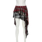 The frot of the Tilted Temper Tartan Skirt on a white mannequin, showcasing mismatched plaid panels and angled hem