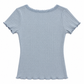 Back flat lay of the blue Two Moody Originals: Floral Daydream Top showing the pointelle texture and lettuce-edge sleeves and hem.