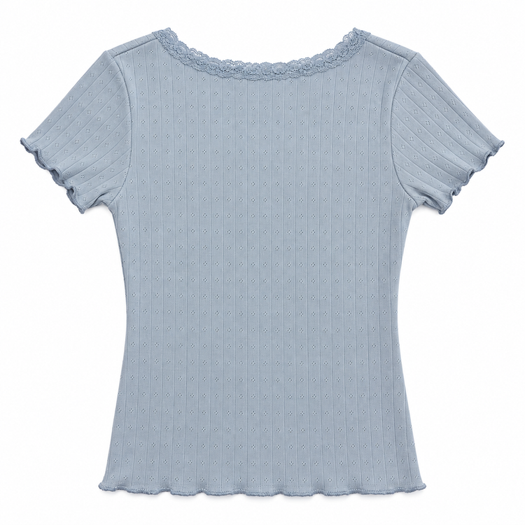 Back flat lay of the blue Two Moody Originals: Floral Daydream Top showing the pointelle texture and lettuce-edge sleeves and hem.