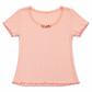 Front flat lay of the coral pink Two Moody Originals: Floral Daydream Top with ribbed pointelle texture and three peach rose appliqués and a bow.