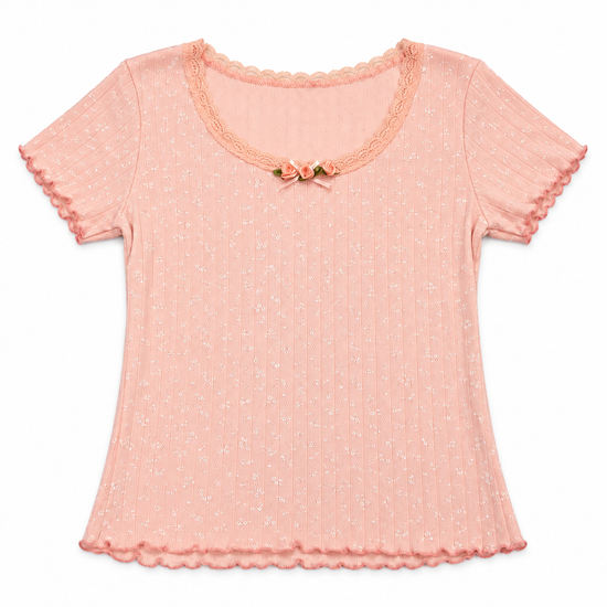 Front flat lay of the coral pink Two Moody Originals: Floral Daydream Top with ribbed pointelle texture and three peach rose appliqués and a bow.