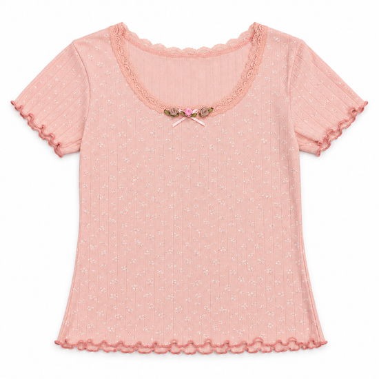 Front flat lay of the pale pink Hushed Dreams Two Moody Originals: Floral Daydream Top with floral pointelle texture and taupe and pink roses and a bow.