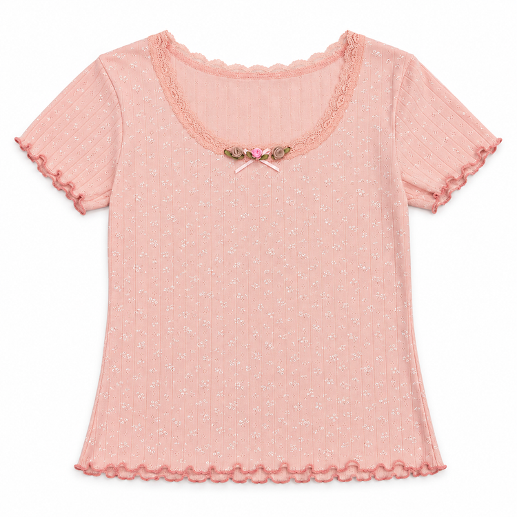 Front flat lay of the pale pink Hushed Dreams Two Moody Originals: Floral Daydream Top with floral pointelle texture and taupe and pink roses and a bow.