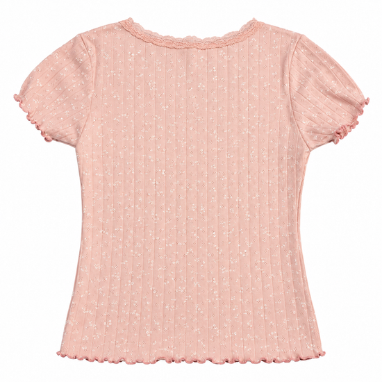 Back flat lay of the pale pink Two Moody Originals: Floral Daydream Top showing floral pointelle texture and lettuce-edge trim.
