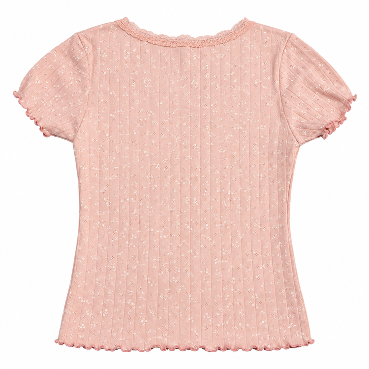 Back flat lay of the pale pink Two Moody Originals: Floral Daydream Top showing floral pointelle texture and lettuce-edge trim.