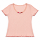 Front flat lay of the pink Rosie Dreams Two Moody Originals: Floral Daydream Top – Local Stock with scalloped lace and pink and red rose appliqués and a bow.
