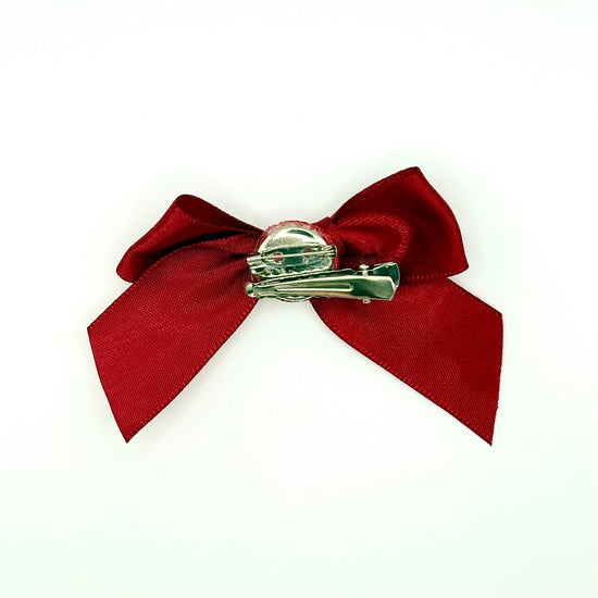 Back of the small classic Two Moody Originals: Signature Bow Clips in the color burgundy, showcasing the alligator hair clip and brooch pin
