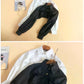 Comparison of the black and white Ultra Cropped Layering Blouse featuring structured collars, golden rose buttons, dramatic long sleeves, and ultra-cropped silhouettes.