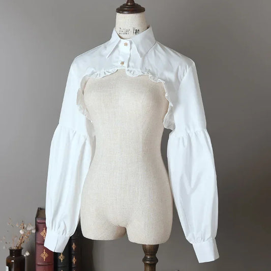Front view of the white Ultra Cropped Layering Blouse displayed on a mannequin.