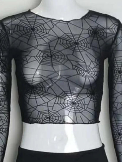 Close-up of the Web of Shadows Mesh Top, highlighting the sheer black spiderweb mesh pattern and fitted silhouette.